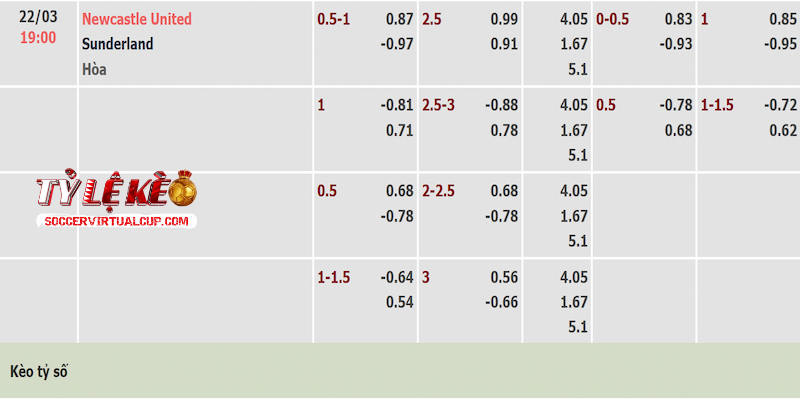 Tỷ lệ kèo trận Newcastle vs Sunderland Tỷ lệ kèo trận Newcastle vs Sunderland